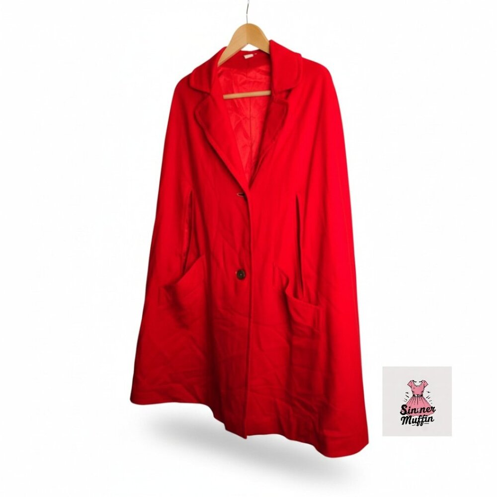 Vintage 50s/60s Red Wool Cape-Style Swing Coat w/ Pockets Small / Medium Vtg